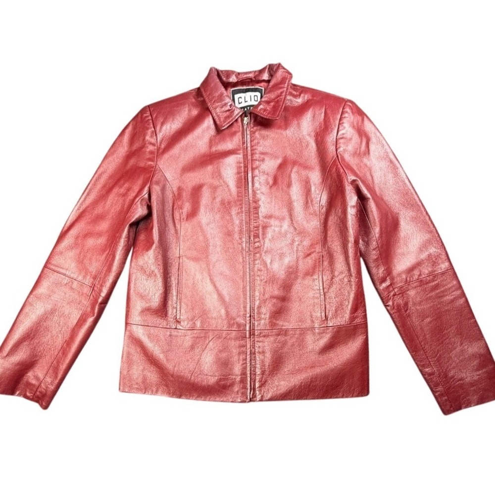 VTG Clio Womens Red Leather Jacket Zip Front Pockets 90s Minimalist Edgy S FLAW